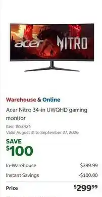 Costco Acer Nitro 34-in UWQHD gaming monitor offer