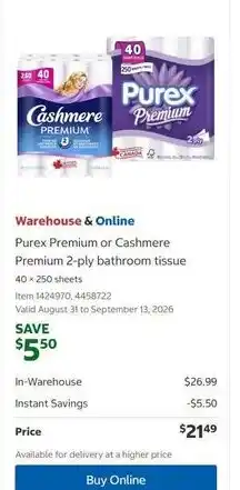 Costco Purex Premium or Cashmere Premium 2-ply bathroom tissue offer