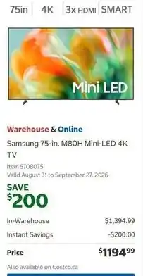Costco Samsung 75-in. M80H Mini-LED 4K TV offer