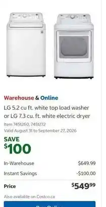Costco LG white top load washer or LG white electric dryer offer