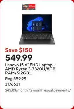 Staples Lenovo 15.6 FHD Laptop - AMD Ryzen 3-7320U/8GB RAM/512GB SSD/Windows 11 Home offer