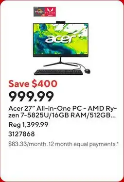 Staples Acer 27 All-in-One PC - AMD Ryzen 7-5825U/16GB RAM/512GB SSD/Windows 11 offer