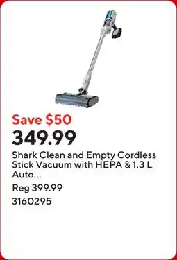 Staples Shark Clean and Empty Cordless Stick Vacuum with HEPA & 1.3 L Auto Empty System - White offer
