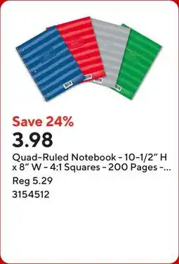 Staples Quad-Ruled Notebook - 10-1/2 H x 8 W - 4:1 Squares - 200 Pages - Assorted Colours offer