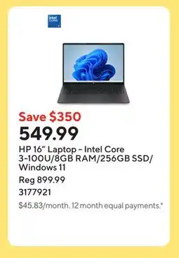 Staples HP 16 Laptop - Intel Core 3-100U/8GB RAM/256GB SSD/Windows 11 offer