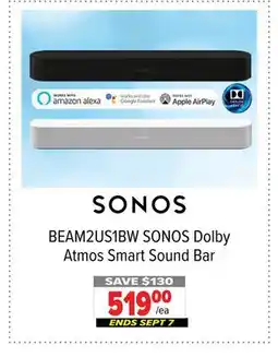 2001 Audio Video BEAM2US1BW SONOS Dolby Atmos Smart Sound Bar offer