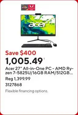 Staples Acer 27 All-in-One PC - AMD Ryzen 7-5825U/16GB RAM/512GB SSD/Windows 11 offer