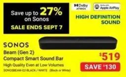 Visions Electronics Sonos Beam (Gen 2) Compact Smart Sound Bar offer