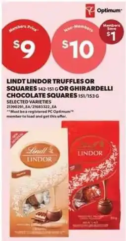 Real Canadian Superstore Lindt Lindor truffles or squares or Ghirardelli chocolate squares offer