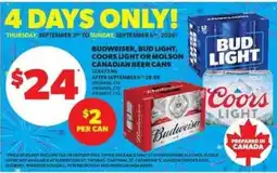 Real Canadian Superstore Budweiser, Bud Light, Coors Light or Molson Canadian beer cans offer
