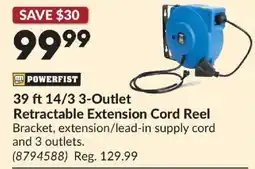 Princess Auto Powerfist 39 ft 14/3 3-outlet retractable extension cord reel offer