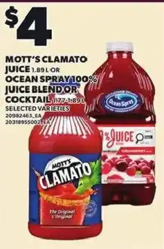 Loblaws Mott's Clamato juice 1.89 L or Ocean Spray 100% juice blend or cocktail offer
