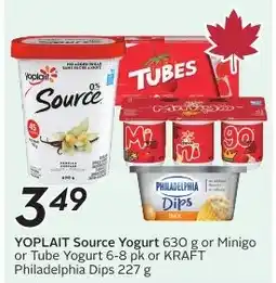 Sobeys Yoplait source yogurt or minigo or tube yogurt or kraft philadelphia dips offer