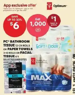 Loblaws PC bathroom tissue or paper towels offer