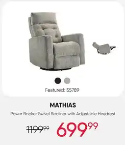 Meubles RD Mathias - Power Rocker Swivel Recliner with Adjustable Headrest offer