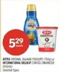 Shoppers Drug Mart Astro original balkan yogurt or international delight coffee enhancer offer