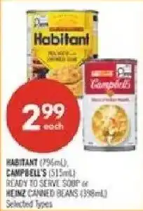 Shoppers Drug Mart habitant ready to serve soup or heinz canned beans offer