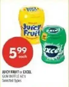 Shoppers Drug Mart Juicy Fruit or Excel gum bottle 60's offer