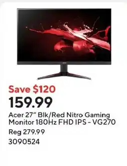 Staples Acer 27" Blk/Red Nitro Gaming Monitor 180Hz FHD IPS - VG270 offer