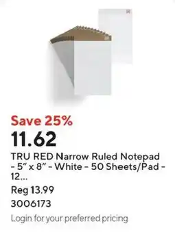 Staples Tru red narrow ruled notepad offer