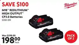 Home Hardware Milwaukee M18 Redlithium High Output CP3.0 Batteries offer