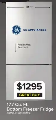 Leon's GE 31.25 17.7 Cu. Ft. Fingerprint Resistant Stainless Steel Bottom-Freezer Refrigerator - GBE17HYRFS offer