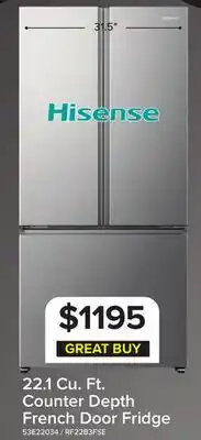 Leon's Hisense 31.5 22.1 Cu. Ft. Stainless Steel French Door Refrigerator - RF22B3FSE offer