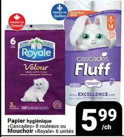 Pasquier Papier hygiénique Cascades 8 roulages ou Mouchoir Royale 6 unités offer