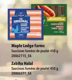 Provigo SAUCISSES FUMÉES DE POULET MAPLE LODGE FARMS, 450 G, SAUCISSES FUMÉES DE POULET ZABIHA HALAL, 450G offer