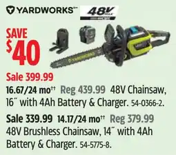 Canadian Tire Yardworks 48V Chainsaw, 16" with 4Ah Battery & Charger offer