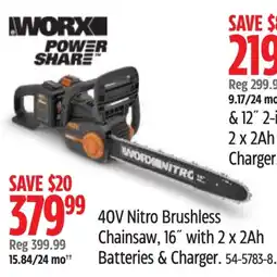 Canadian Tire Worx Power Share 40V Nitro Brushless Chainsaw offer