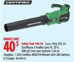 Canadian Tire CERTIFIED 20V Cordless 400CFM Blower with 2Ah Battery & Charger offer