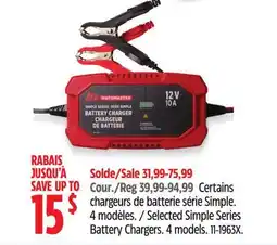 Canadian Tire Motomaster Selected Simple Series Battery Chargers. 4 models offer