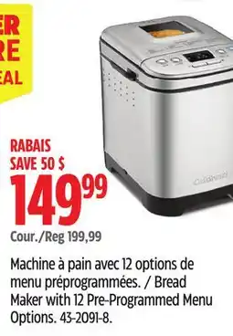 Canadian Tire Cuisinart Bread Maker with 12 Pre-Programmed Menu Options offer