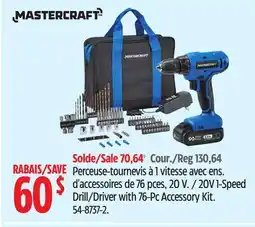 Canadian Tire Mastercraft 20V 1-Speed Drill/Driver with 76-Pc Accessory Kit offer
