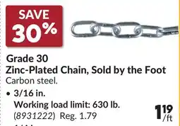 Princess Auto Grade 30 Zinc-Plated Chain, Sold by the Foot, 3/16 in. Working load limit: 630 lb offer