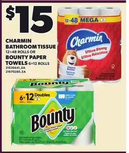 Loblaws CHARMIN BATHROOM TISSUE 12-48 ROLLS OR BOUNTY PAPER TOWELS 6=12 ROLLS offer