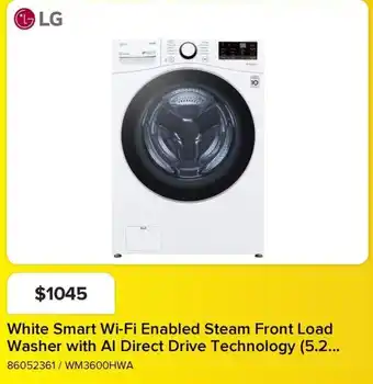 Leon's LG White Smart Wi-Fi Enabled Steam Front Load Washer with AI Direct Drive Technology offer