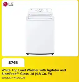 Leon's LG White Top Load Washer with Agitator and SlamProof® Glass Lid offer