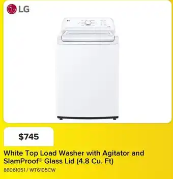 Leon's LG White Top Load Washer with Agitator and SlamProof® Glass Lid offer