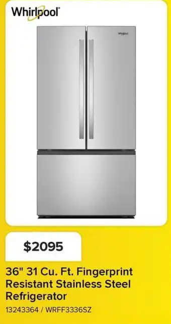 Leon's Whirlpool 36" 31 Cu. Ft. Fingerprint Resistant Stainless Steel Refrigerator offer