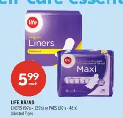 Shoppers Drug Mart LIFE BRAND LINERS (96's - 129's) or PADS (20's - 48's) offer