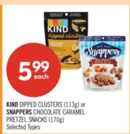 Shoppers Drug Mart KIND DIPPED CLUSTERS (113g) or SNAPPERS CHOCOLATE CARAMEL PRETZEL SNACKS (170g) offer