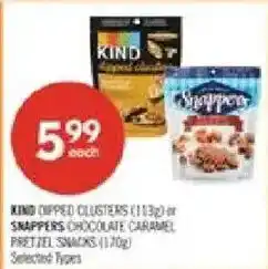 Shoppers Drug Mart Kind dipped clusters or snappers chocolate caramel pretzel snacks offer