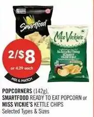 Shoppers Drug Mart Smartfood ready to eat popcorn or miss vickie's kettle chips offer