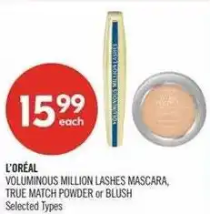 Shoppers Drug Mart L'Oréal voluminous million lashes mascara, true match powder or blush offer
