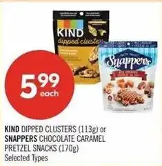 Shoppers Drug Mart Kind dipped clusters or Snappers chocolate caramel pretzel snacks offer