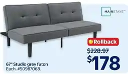 Walmart Mainstays 67" studio grey futon offer