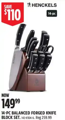 Canadian Tire Henckels 14-pc balanced forged knife block set offer