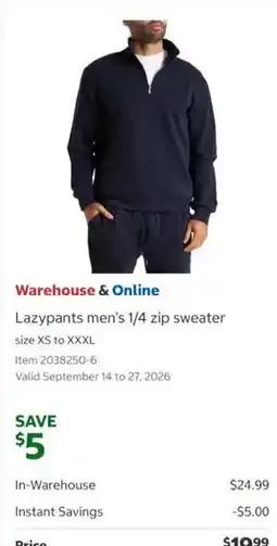 Costco Lazy pants men's 1/4 zip sweater offer